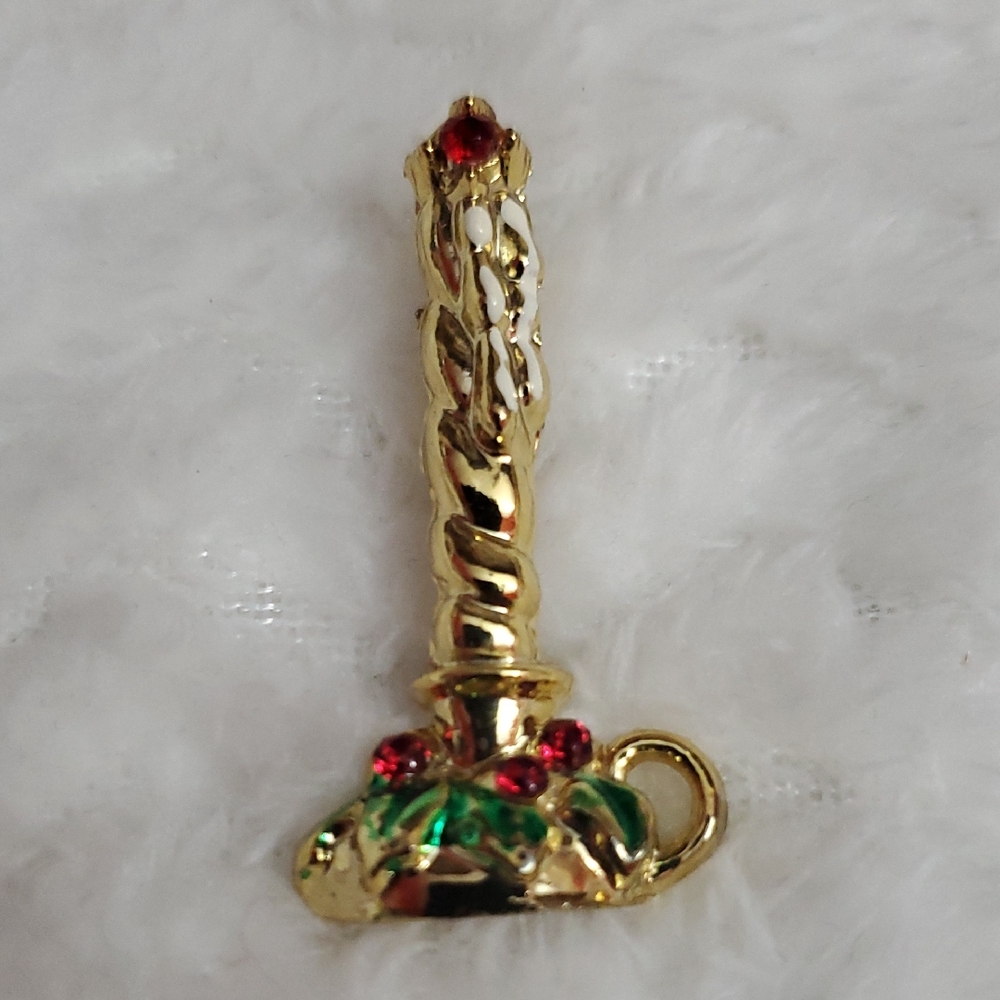 Gold Tone Candle Brooch With Red Rhinestones